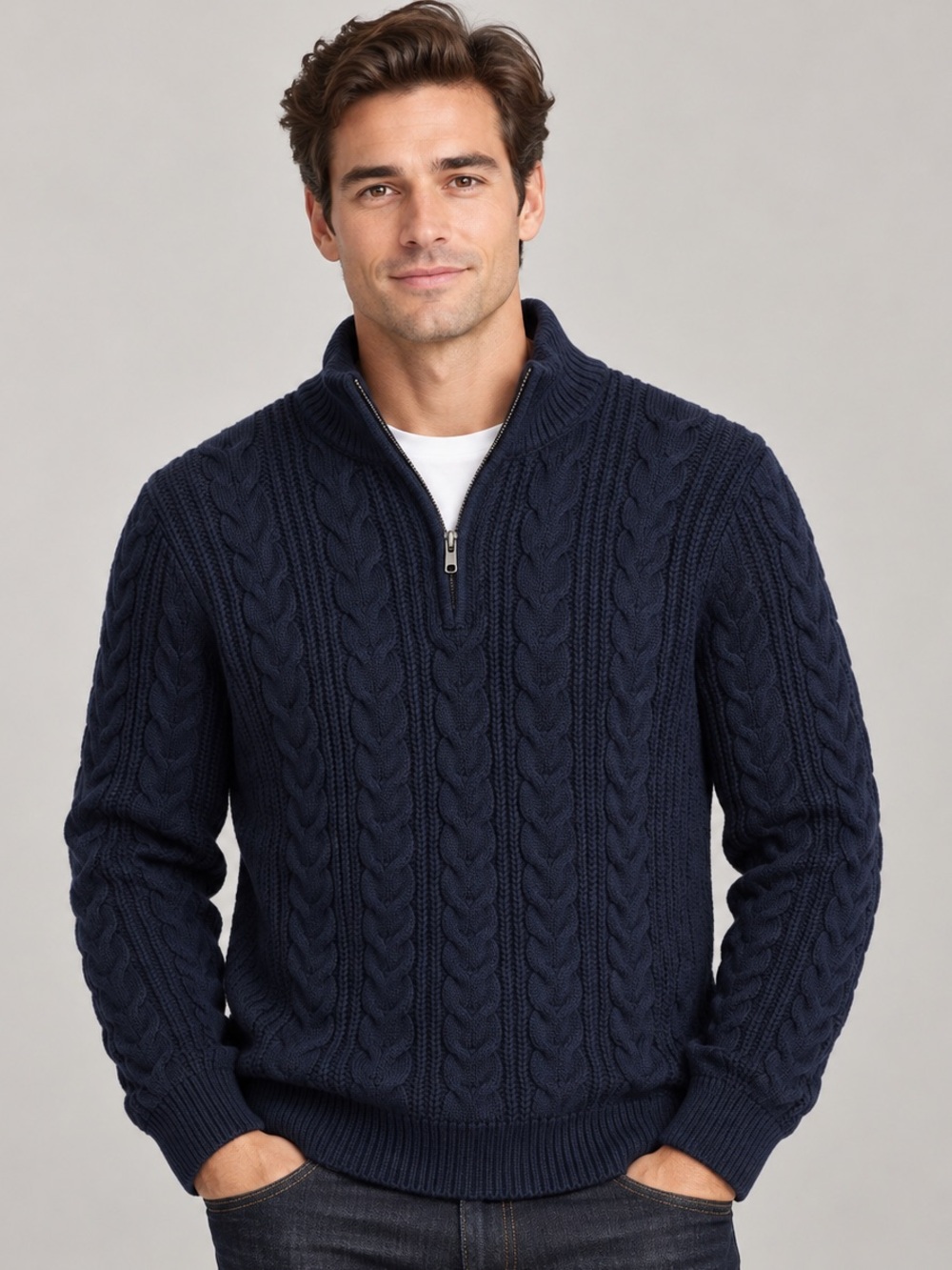 French Connection Men’s Navy Cable Knit Quarter Zip Sweater Wool Blend M